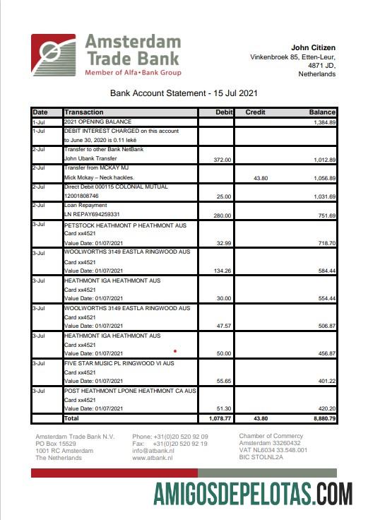 Modelo de extrato bancário comercial da Holanda para download em formato Word e PDF